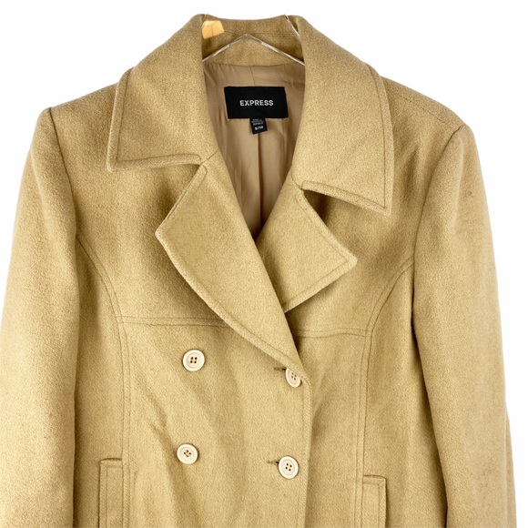 EXPRESS Wool Pea Coat Double Breasted Tan Size 9/10 - Picture 3 of 7